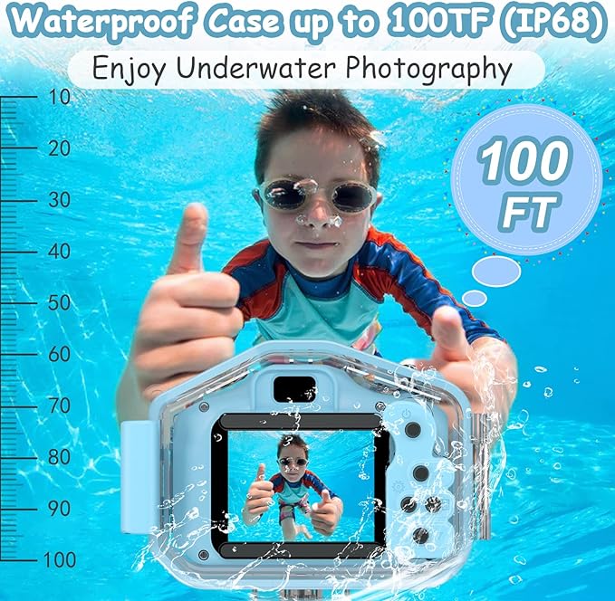 Agoigo Kids Waterproof Camera - Children Underwater HD Video Digital Camcorder, Portable Travel Toy for Toddler - Ideal Christmas Birthday Gifts for Boys Girls Age 3-12 with 32GB Card (Blue)-CubbioJoy