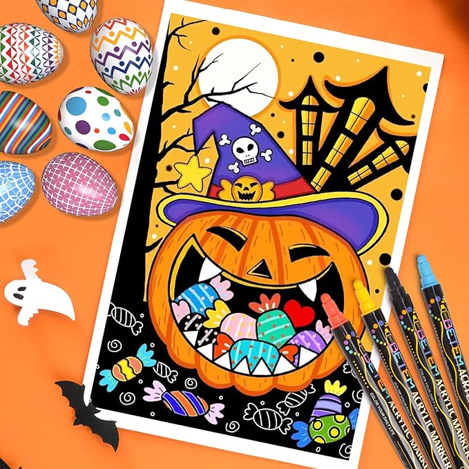 Betem 60 Colors Dual Tip Acrylic Paint Pens Markers, Premium Acrylic Paint Pens for Halloween Decorations, Wood, Canvas, Stone, Rock Painting, Glass, Ceramic Surfaces, Pumpkin Painting Kit DIY Crafts-CubbioJoy