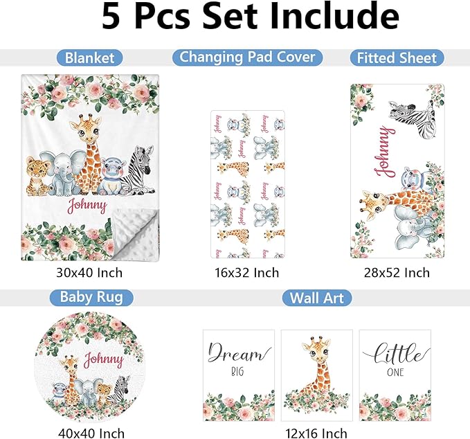 Custom 5-Piece Baby Crib Bedding Set, Personalized Name for Kid Toddler, Animal Nursery for Boy Girl, Double Layer, Customized Gift for Infant-CubbioJoy