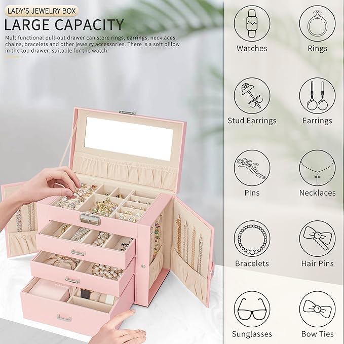 AKOZLIN 4-Tier Jewelry Box Lockable Leather Jewelry Storage Case Organizer with 3 Drawers for Women Girls Ring Necklace Earring Bracelet Watches Holder with Mirror Pink-CubbioJoy