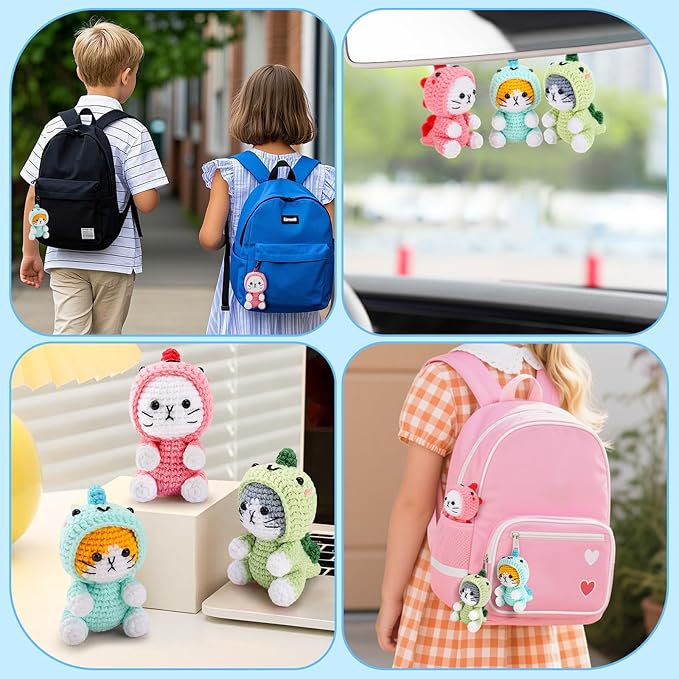 Crochet Kit for Beginners - 3 PCS Dinosaur Cat Crochet Kits with Step-by-Step Video Tutorials, Beginner Crochet Kit for Adults Kid, Crochet Animal Kit for Starters, Cat Dressed as Dinosaur Crochet Set-CubbioJoy