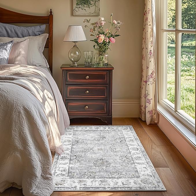jinchan Floral 3x5 Area Rugs for Entryway - Machine Washable Taupe Vintage Distressed Design Doormat Non-Slip Ultra-Thin Low Pile Boho Rug for Kitchen Living Room Bedroom Farmhouse (3‘x5',Grey)-CubbioJoy