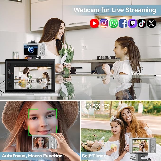 Digital Camera, 2025 4K 44MP Autofocus Digital Cameras for Teens, Silver Point and Shoot Camera for Kids with 16X Zoom, 64GB SD Card, Compact Small for Boys Girls Teens Kids Gift-CubbioJoy