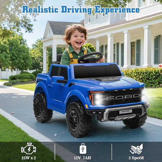 12V Ride on Car Licensed Ford F-150 Raptor, Kids Electric Car with Remote Control, LED Light/Music/MP3, Truck Bed Storage, 3-Point Seat Belt (12V, Blue)-CubbioJoy