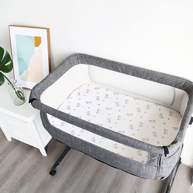 Bassinet Sheet 4 Pack for Baby Girls, Bassinet Sheets Universal Fit for Rectangle, Oval, Hourglass Bassinet Pad/Mattress, Stretchy Bassinet Sheets, Pink Print-CubbioJoy