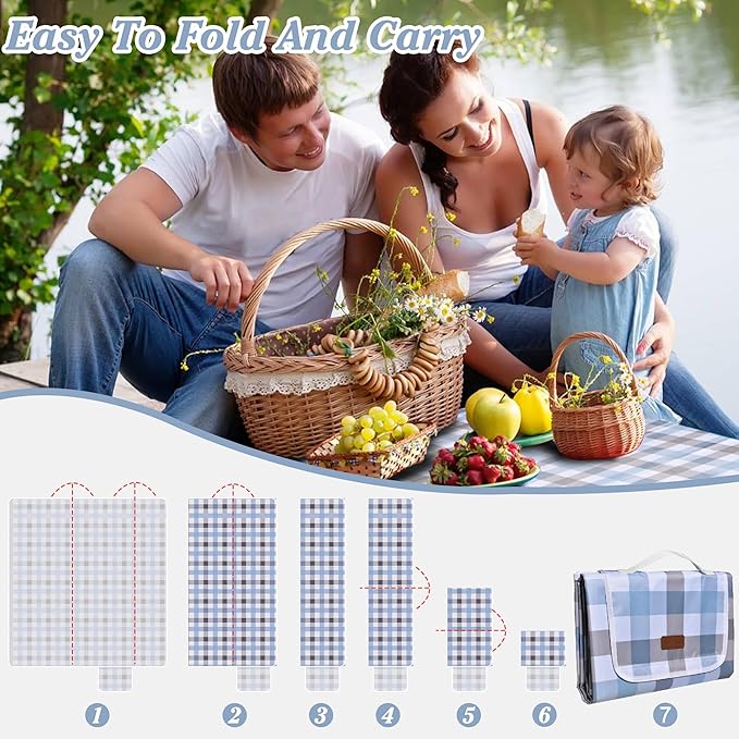 80"x80" Extra Large Waterproof Outdoor Mat - Sandproof Foldable Picnic Blanket for Family Camping, Backyard, Beach Parties - Heavy Duty & Easy Storage (Blue&Gray)-CubbioJoy
