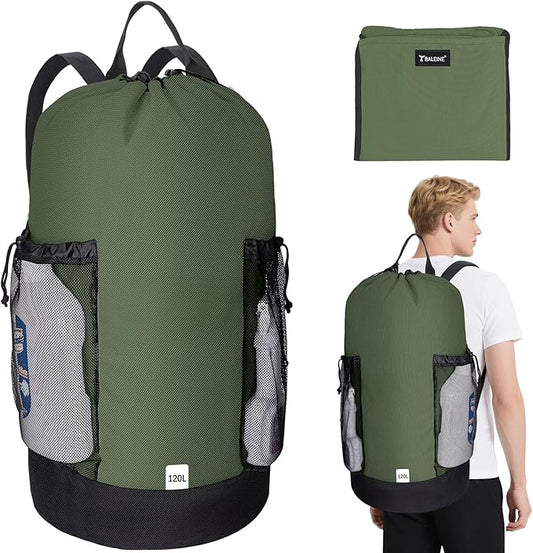BALEINE 120L Laundry Bag Backpack, 900D Oxford Fabric Large Travel Laundry Bags with Shoulder Straps and 2 Mesh Pockets for College Dorm, Apartment, Laundromat (Green, 120L)-CubbioJoy
