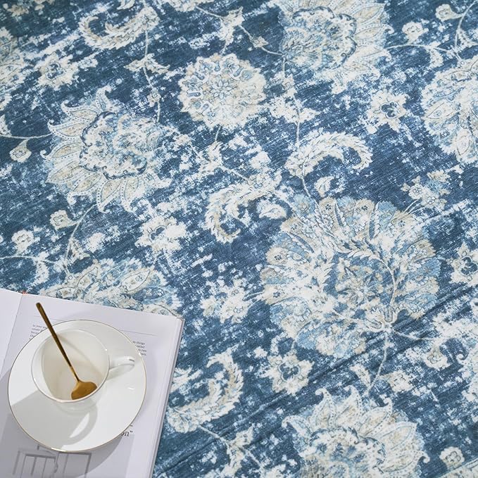 jinchan Round Rug 7ft Area Rug - Dark Blue Vintage Floor Mat Kitchen Indoor Ultra-Thin Soft Floral Print - Washable Circle 7' Retro Accent for Farmhouse Non Slip Dining Room Living Room Bedroom Office-CubbioJoy