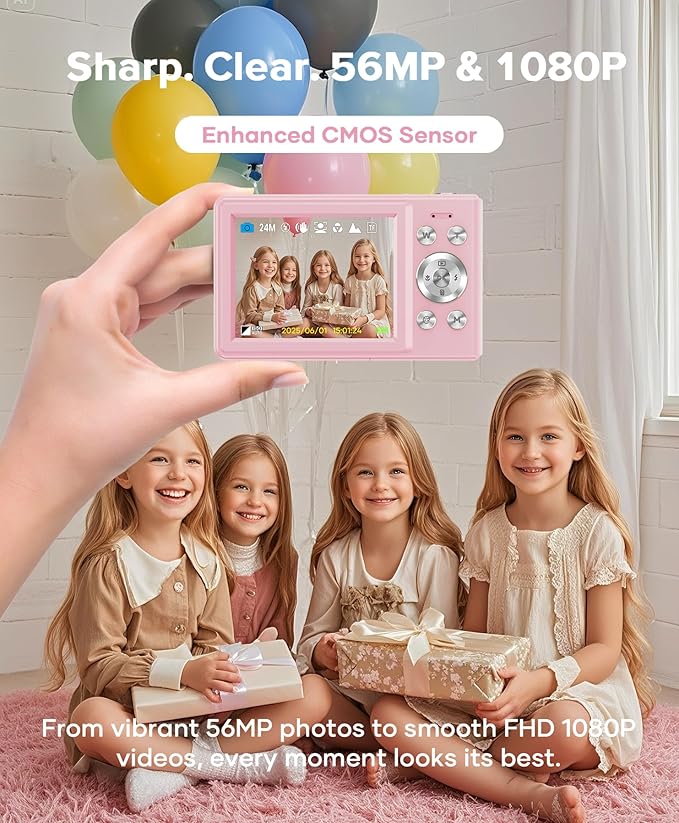 Digital Camera, 56MP FHD 1080P Point & Shoot Camera with 32GB SD Card, 2 Batteries, and Lanyard, Ideal for Kids & Teens, Suitable Gift for Girls-CubbioJoy