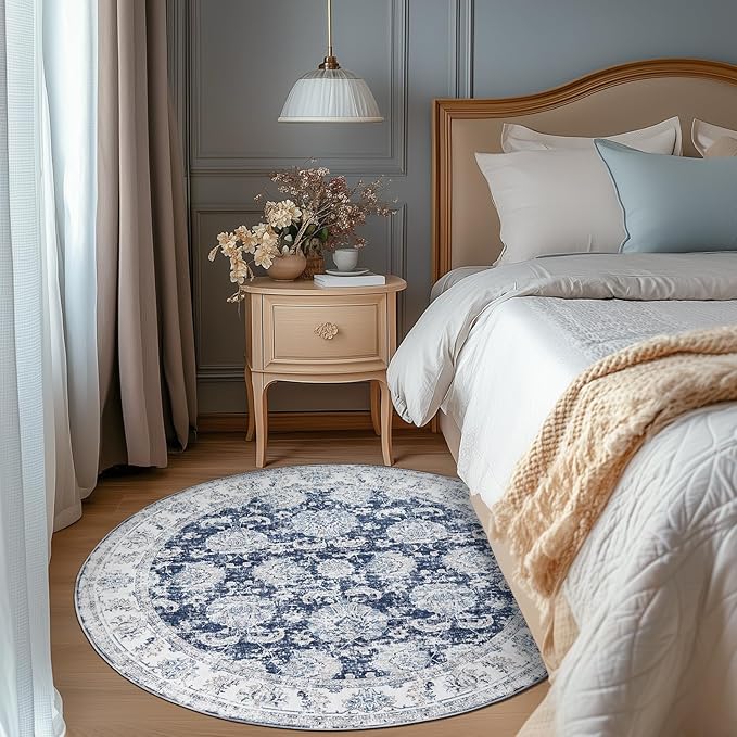 jinchan Round Rug 6ft Area Rugs Vintage Floral Distressed Design - Machine Washable Non-Slip Low-Pile Ultra-Thin Circle Rug for Entryway Bedside Living Room Dining Room Bedroom (6' Round,Dark Blue)-CubbioJoy