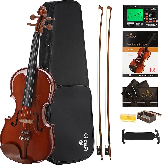 Cecilio 1/4 Size Natural Varnish Violin for Beginners, Hand-Carved Solid Spruce Top, Maple Back & Sides, Full Fiddle Kit with Hard Case, Bows, Rosin, Shoulder Rest, Lesson Book-CubbioJoy