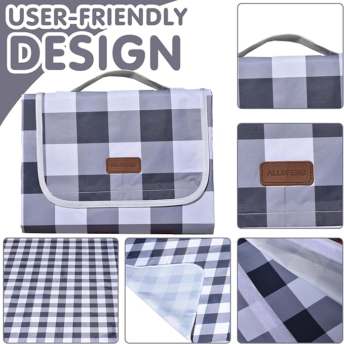 80"x80" Extra Large Waterproof Outdoor Mat - Sandproof Foldable Picnic Blanket for Family Camping, Backyard, Beach Parties - Heavy Duty & Easy Storage (Gray&White)-CubbioJoy