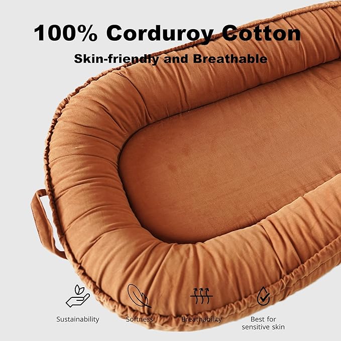 Infant Lounger, Baby Nest Cover for Baby Girls & Boys, Newborn Essentials for Baby 0-18+ Months, 100% Cotton Breathable (GoldenBrown, Corduroy)-CubbioJoy