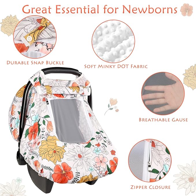 Baby Carseat Cover Girls, Pea Pod Infant Car Seat Covers Canopy for Newborn with 2 Layers Windows of Breathable Mesh/Fabric, Lightweight Polyester/Minky Dot Backing, Snug Fit Most Baby Car Seat-CubbioJoy