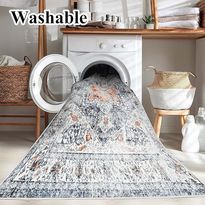 5x7 Washable Thin Foldable Area Rug Gray Vintage Rug Traditional Floor Cover Retro Kitchen Indoor Distressed Non Slip Carpet Floral Print Mat Bedroom Living Room-CubbioJoy