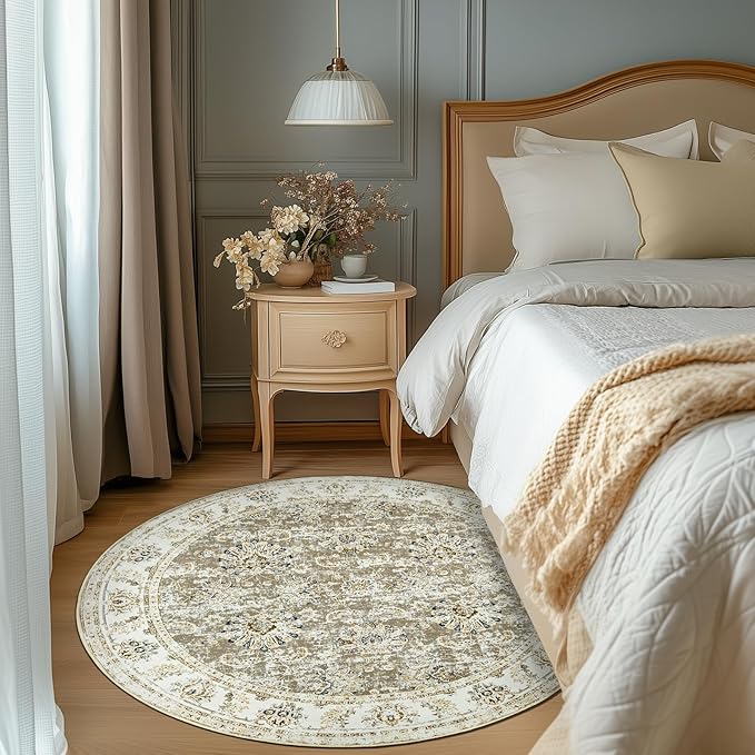 jinchan Round Rug 6ft Area Rugs Vintage Floral Distressed Design - Machine Washable Non-Slip Low-Pile Ultra-Thin Circle Rug for Entryway Bedside Living Room Dining Room Bedroom (6' Round,Taupe)-CubbioJoy