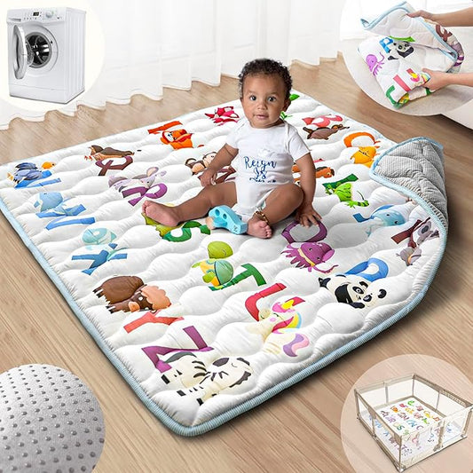 Baby Play Mat, 43x43 Mat with Super Soft Touch, Activity Mat with Upgraded Anti-Slip Bottom, Machine Washable Crawling Mat for Floor & Picnic(Animal Alphabets)-CubbioJoy