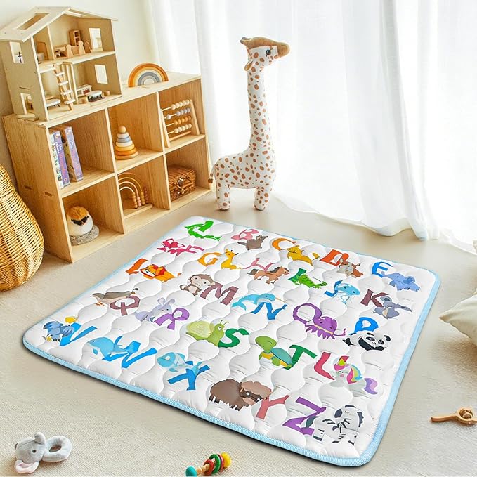 Baby Play Mat, 43x43 Mat with Super Soft Touch, Activity Mat with Upgraded Anti-Slip Bottom, Machine Washable Crawling Mat for Floor & Picnic(Animal Alphabets)-CubbioJoy