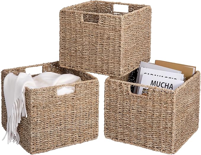 12x12x10in Seagrass Storage Baskets Set of 4, Large Wicker Storage Basket, Decorative Seagrass Shelf Basket, Pantry Baskets Organization,Folding Storage Cube Bins-CubbioJoy