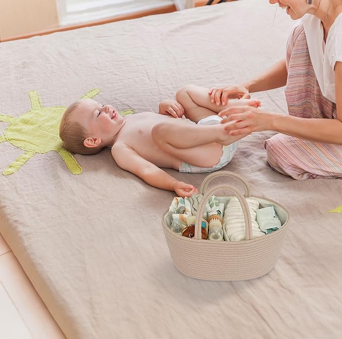 Diaper Caddy Organizer Cotton Rope Baby Basket Nursery Storage and Portable Tote Bag for Car Ideal Baby Shower Gifts and Registry Must-Have for Newborn Essentials Large konjak-CubbioJoy