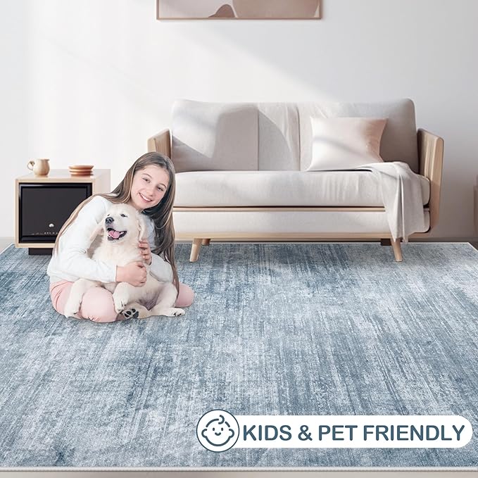 Area Rugs 10x14 Living Room: Washable Rug Modern Abstract Large Rugs Soft Non Slip Neutral Rug Stain Resistant Indoor Carpet for Bedroom Kitchen Dining Room Home Office Rugs(Blue, 10'x14')-CubbioJoy