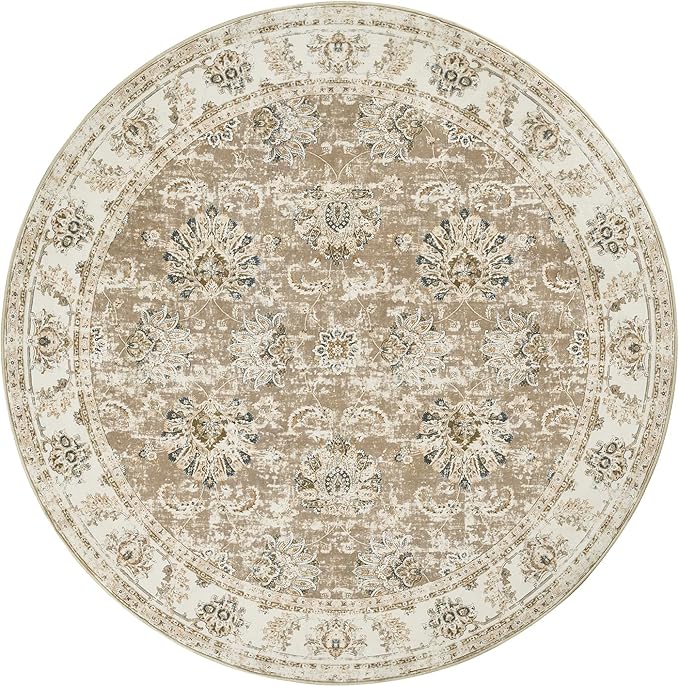 jinchan Round Rug 5ft Area Rug - Indoor Vintage Hallway Circle 5' Washable - Ultra-Thin Low Pile Soft Small Non Slip Distressed Floral Print for Living Room Dining Room Bedroom Entryway Taupe-CubbioJoy