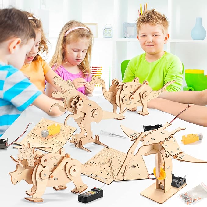 Dinosaur STEM Kits for Kids Ages 6-8-10-12, 4 in 1 Wood Building Toys for Boys Age 8-12, Build It Yourself Woodworking Kit, DIY 3D Wooden Puzzles Model Science Crafts for Kids, Stem Projects-CubbioJoy
