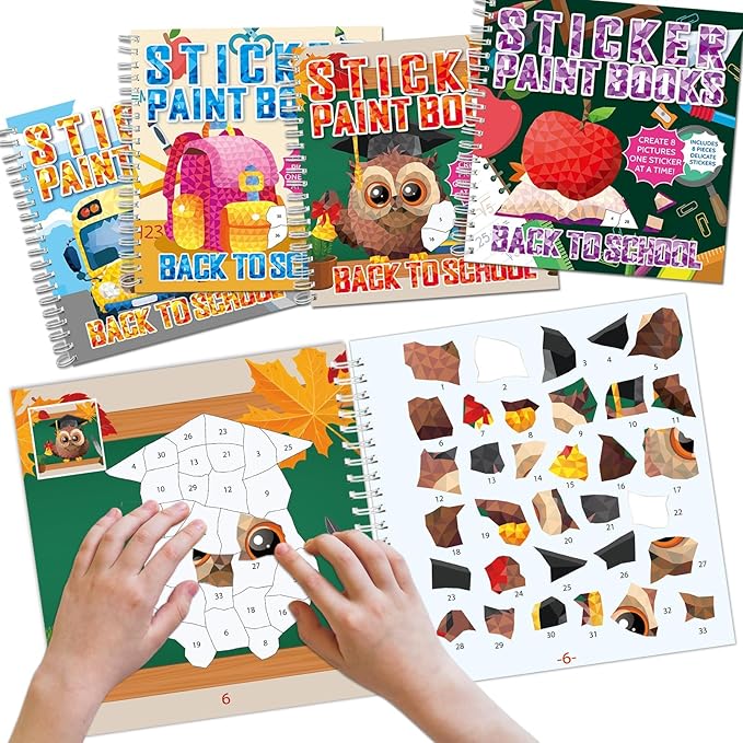4Pcs Back to School Paint by Sticker Books Sticker by Number Books Activity Book Puzzle Book Craft Art Gift School Bus Apple Owl Alarm 32 Pictures-CubbioJoy