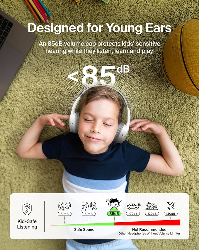 Belkin SoundForm Mini Kids Wireless Headphones w/Built-in Microphone, 30H of Playback Time, Fun Stickers, & Case - Over-Ear Headsets for Online Learning, School, iPhone, iPad, Galaxy, & More - White-CubbioJoy
