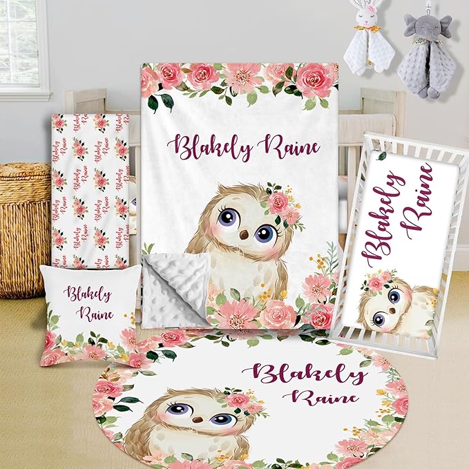 Custom Crib Bedding Set - Owl Design Personalized Name Baby Nursery Bed 3 Pcs Set - Chic Soft Blanket with Dotted Backing, Sheet, Pillowcase for Newborn Girls Boys Gifts Color21-CubbioJoy