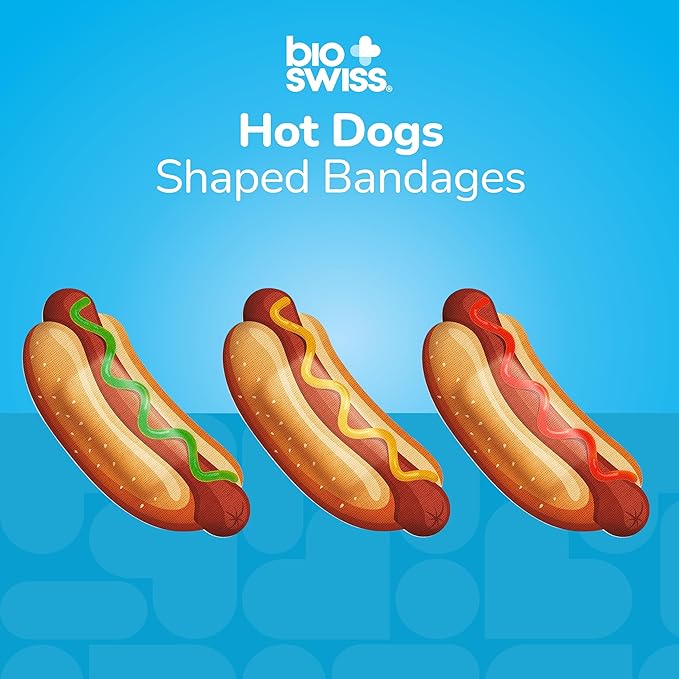 BioSwiss Bandages, Hot Dog Shaped Self Adhesive Bandage, Latex Free Sterile Wound Care, Fun First Aid Kit Supplies for Kids, 24 Count-CubbioJoy