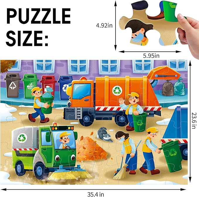 Jumbo Floor Puzzle for Kids,Recycling Garbage Truck Jigsaw Large Puzzles,48 Piece Trash Truck Vehicle Puzzle for Toddler Ages 3-5,Children Learning Preschool Educational Toys,Gift for 4-8 Years Old-CubbioJoy