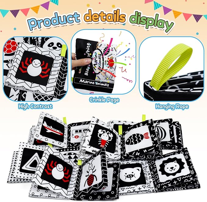 Dr.Rapeti Soft Cloth Books Baby Books Bath Books 6-Pack for Baby Infant Toddler Kids High Contrast Black and White Crinkle Washable Chewable Non-Toxic Early Educational Giftable-CubbioJoy