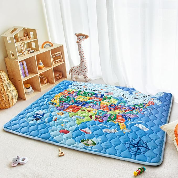 Baby Play Mats for Floor, 71”x59” Upgraded Thickness & Larger Super Soft Playmat for Babies and Toddlers, Foldable Washable, Upgrade Anti-Slip Crawling Mat for Playpen(Map)-CubbioJoy