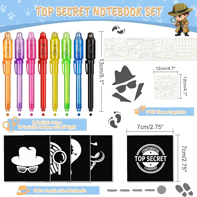 Invisible Ink Pen 24Pcs+ Notebooks, Spy Pens with UV Light, Magic Marker, Classroom Prize, Birthday Party Favors for Kids 8-12, Kids Stocking Stuffers-CubbioJoy