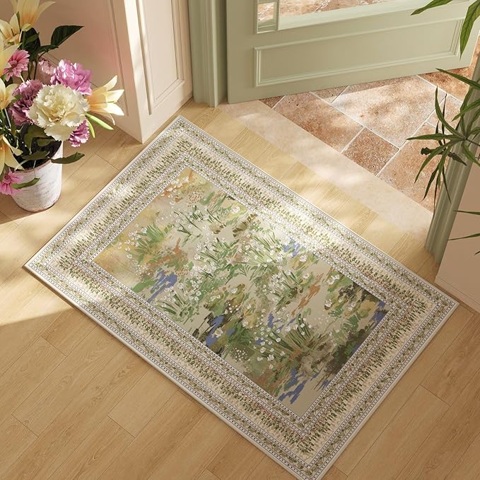 2x3 Rug Impressionist-Style Vintage Indoor Door Mat Machine Washable Small Area Rug Non-Slip Low Pile Throw Rugs for Entryway Kitchen Front Door Indoor Entrance Entry Kids Room, Beige-CubbioJoy