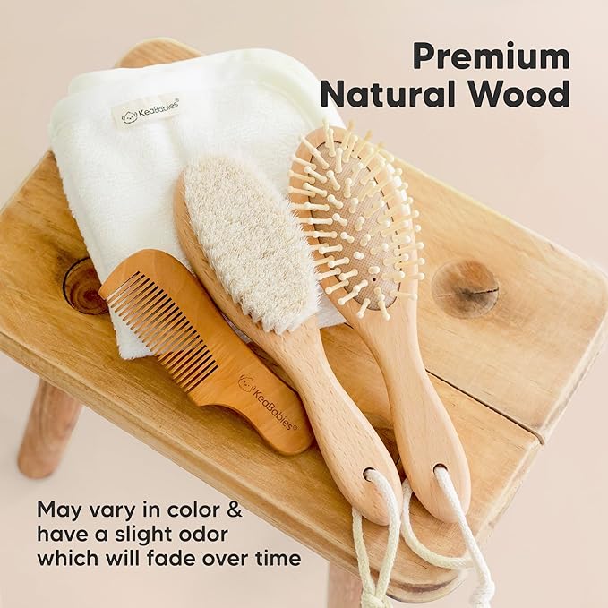 Baby Hair Brush and Comb Set for Newborn - Wooden Baby Hair Brush Set with Soft Goat Bristle, Baby Brush Set for Newborns Baby Brush and Comb Set Girl, Boy, Toddler Cradle Cap Brush (Oval, Walnut)-CubbioJoy