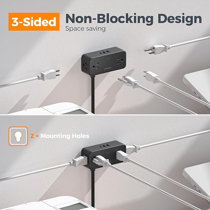 Black Extension Cord 5 Ft, TESSAN Flat Surge Protector Power Strip with 4 Wide Spaced AC Outlets 3 USB Ports (1 USB C), Ultra Thin Flat Plug with 900J Surge Protection, Office Dorm Room Essentials-CubbioJoy