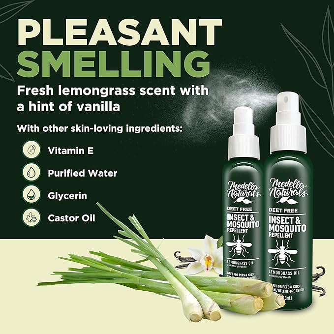 Deet-Free Insect & Mosquito Repellent Pack of 2 (4 oz) – Nice Smelling Insect Repellent with Lemongrass Oil Safe for Pets and Kids – Bug Spray Against Mosquitoes, Gnats, Black Flies, and No-See-ums-CubbioJoy