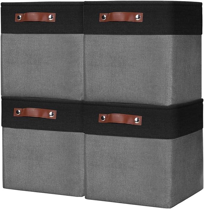 Collapsible Fabric Storage Cubes 11x11 Cube Storage Bins, 4 Pack Closet Baskets Box with Handles for Organizing, Shelf, Toys, Clothes, Home, Office, Nursery (Grey&Black)-CubbioJoy