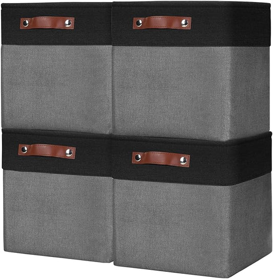 Collapsible Fabric Storage Cubes 11x11 Cube Storage Bins, 4 Pack Closet Baskets Box with Handles for Organizing, Shelf, Toys, Clothes, Home, Office, Nursery (Grey&Black)-CubbioJoy