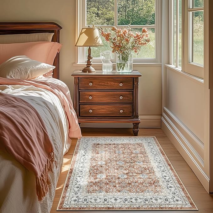 jinchan Washable Area Rug 3x5 Entryway Low Pile Boho Floral Print Rug Faux Wool Soft Indoor Doormat Stain Resistant Non-Slip Ultra-Thin Rug Kitchen Living Room Bedroom Dining Room Office Orange-CubbioJoy