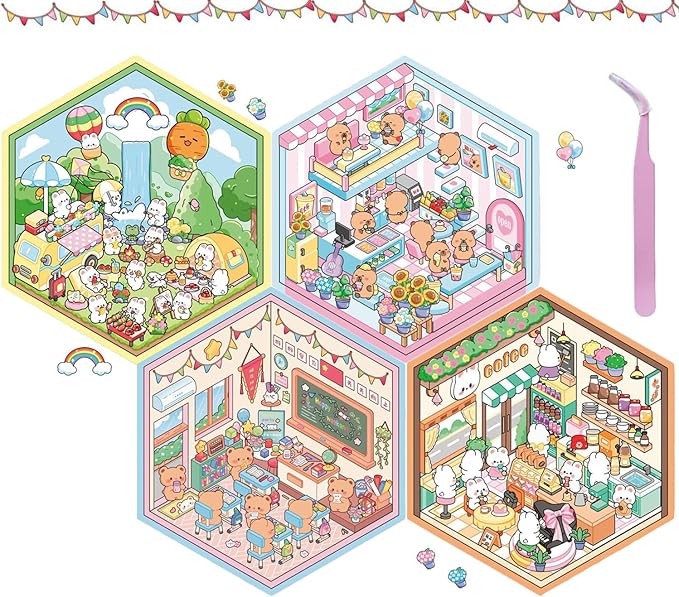 4 Sets DIY 3D House Stickers,Make Your Own Warm Home,Fun Cute Cartoon Stickers Scene Make Your Own Mini Room Scenes Miniature Supermarket for Relief Stress Pass The Time-CubbioJoy