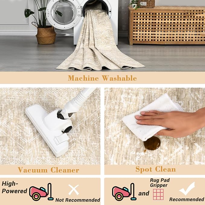 COZYLOOM 4x6 Rug Machine Washable Foldable Printed Area Rug Modern Distressed with Non Slip Design Stain Resistant Non Shedding Pet Friendly Carpet Perfect for Home Decor, Faux Wool, Beige-CubbioJoy