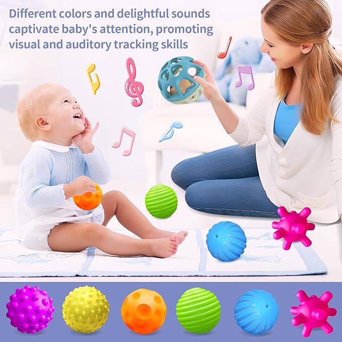Sensory Toys for Babies, Montessori Textured Baby Balls and Wheat Straw Rattle, Baby Toys for 6-12 Months, Ideal Newborn Gifts for Boys and Girls, Toddler Toys for 1-3-CubbioJoy