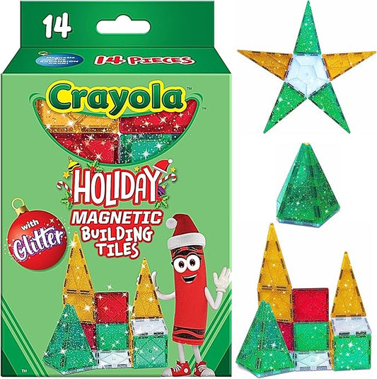 CreateOn Crayola Holiday Glitter Magnetic Tiles, Building Set for Kids, Magnetic Building Toys for Kids, STEM Travel Toys for Boys and Girls Ages 3+, 14-Piece Set (Holiday Glitter)-CubbioJoy