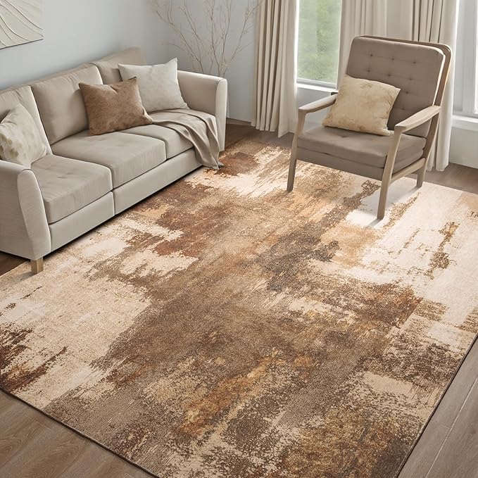 Kelarea Living Room Rug, 8x10 Rug Modern Abstract Washable Rugs Brown Faux Wool Vintage Carpet, Non Slip Rugs for Bedroom, Dining Room, College Dorm, Kids Playroom, Home Office-CubbioJoy