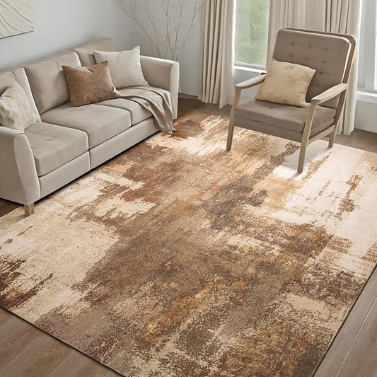 Kelarea Living Room Rug, 6x9 Rug Modern Abstract Washable Rugs Brown Faux Wool Vintage Carpets, Non Slip Rug for Bedroom, Dining Room, College Dorm, Kids Playroom, Home Office-CubbioJoy