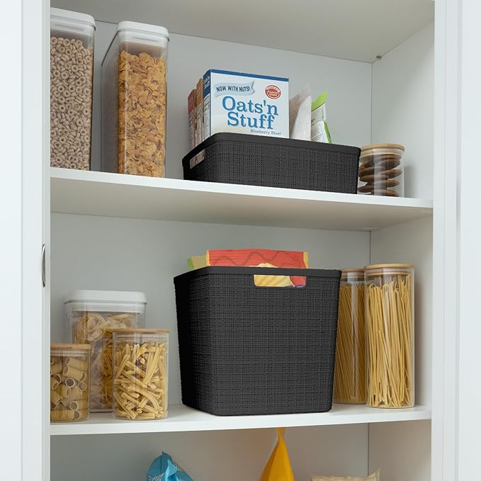 Curver Set of 4 Jute Large Cube Decorative Plastic Organization and Storage Baskets, Perfect Bins for Home Office, Closet Shelves, Kitchen Pantry and All Bedroom Essentials, Black-CubbioJoy