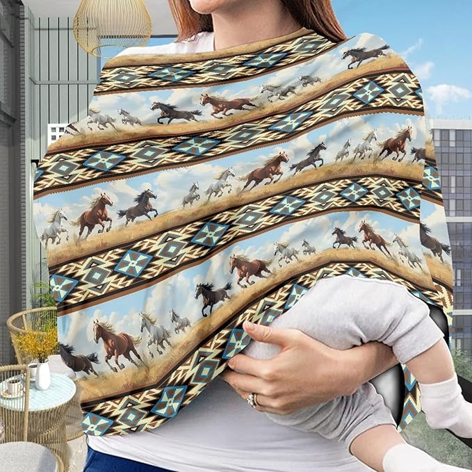 Binienty Car Seat Covers Canopy Cover for Babies, Western Aztec Horse Nursing Carseat Canopy Multifunction Breastfeeding Covers Fits Stroller, High Chair, Shopping Cart-CubbioJoy